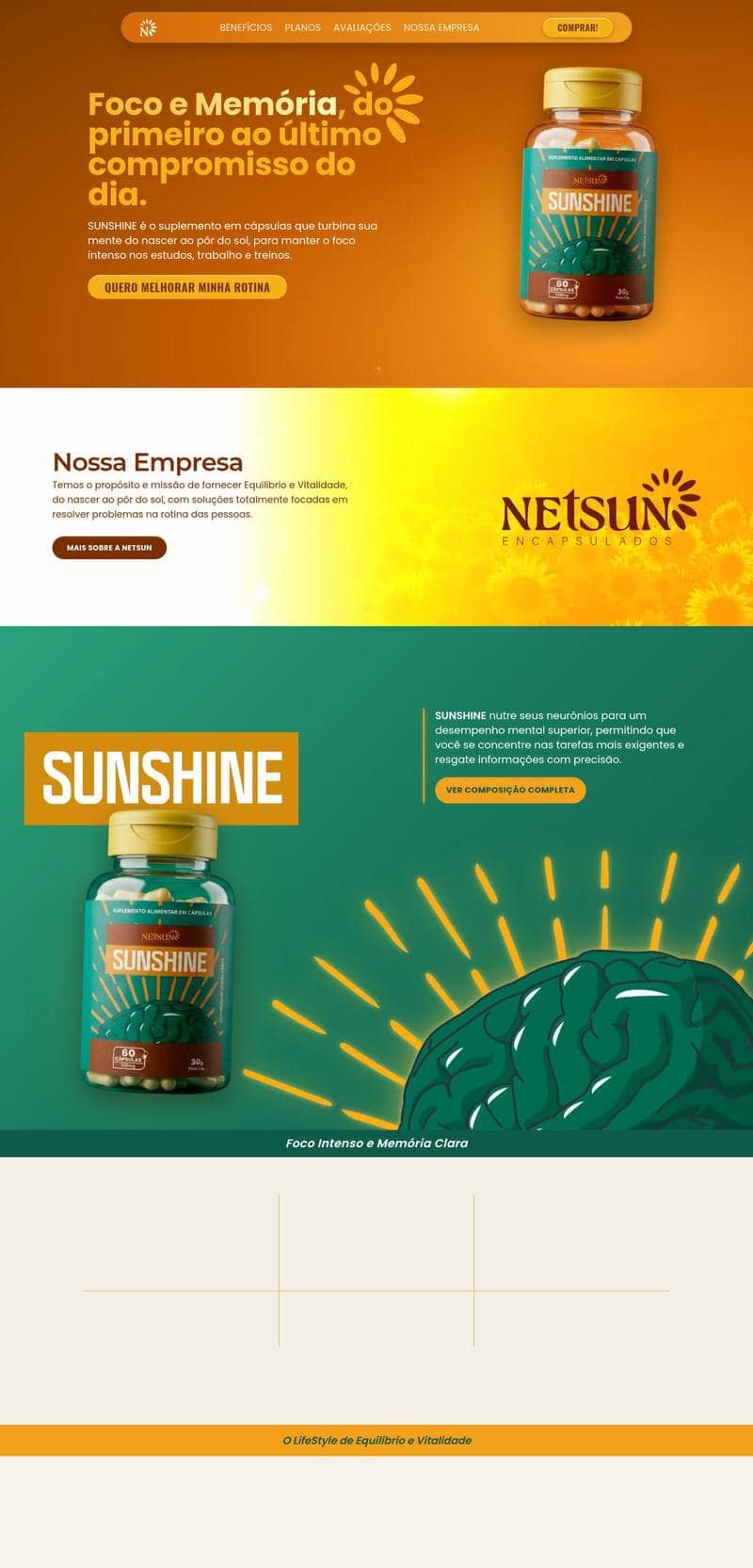 Captura da landing page da Netsun Encapsulados com o suplemento SUNSHINE e o botão de compra em destaque